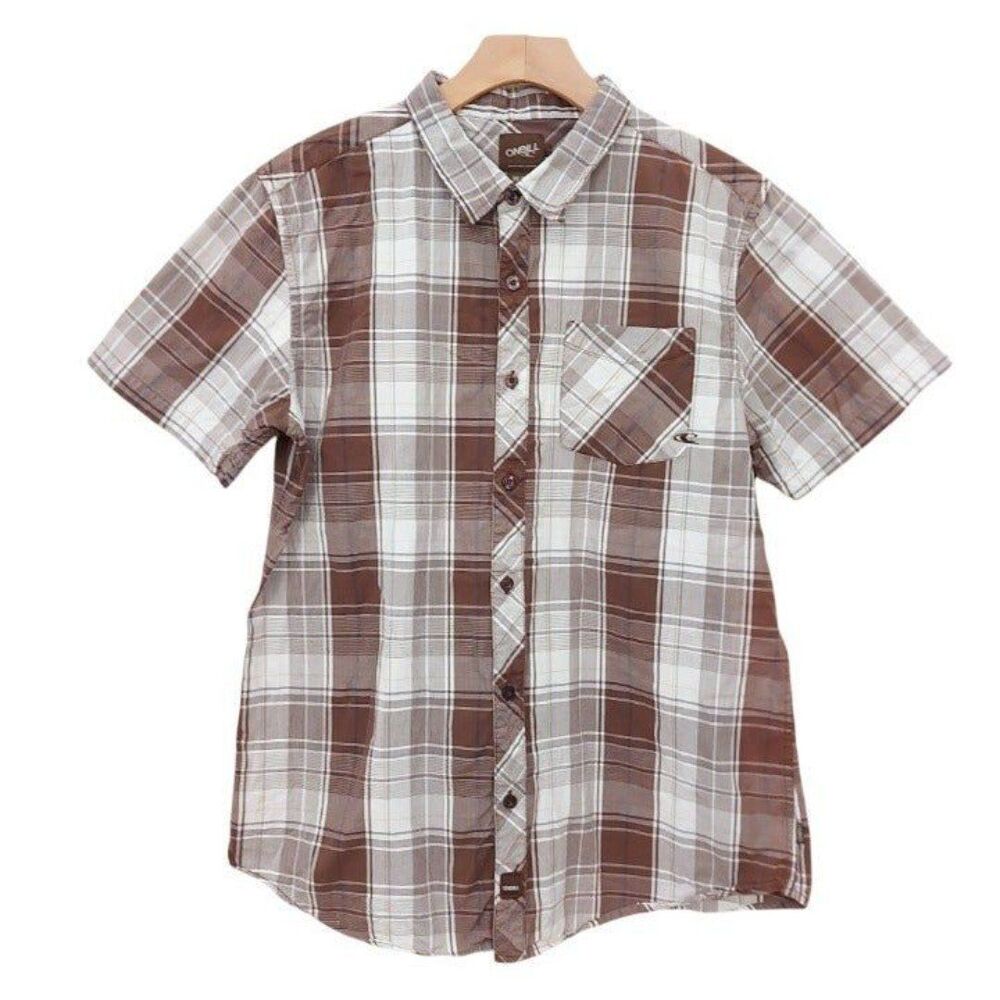 O'Neill Mens Plaid Shirt Medium Brown Short Sleeve Lightweight Cotton Preppy